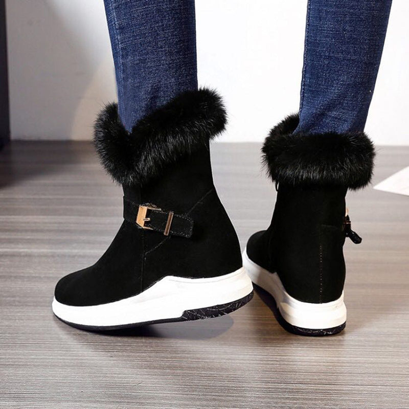 Fashion Buckle Decoration Zipper Warm Fur Lining Casual Short Boots - MakenShop